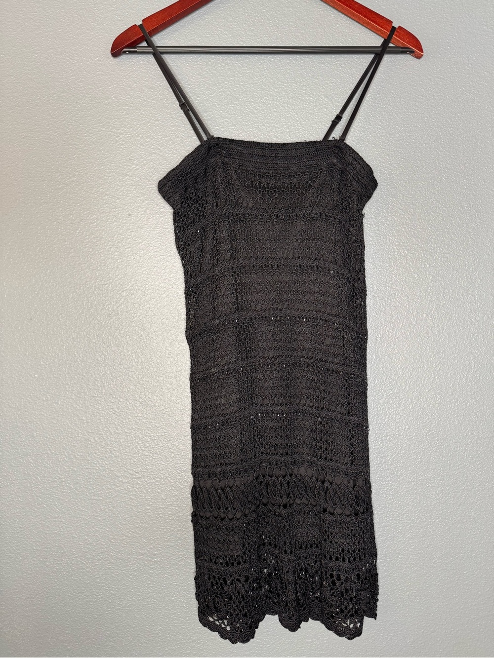 Kroshetta by Papillon Vintage 90s Black Crochet Beaded Mini Dress M Y2K